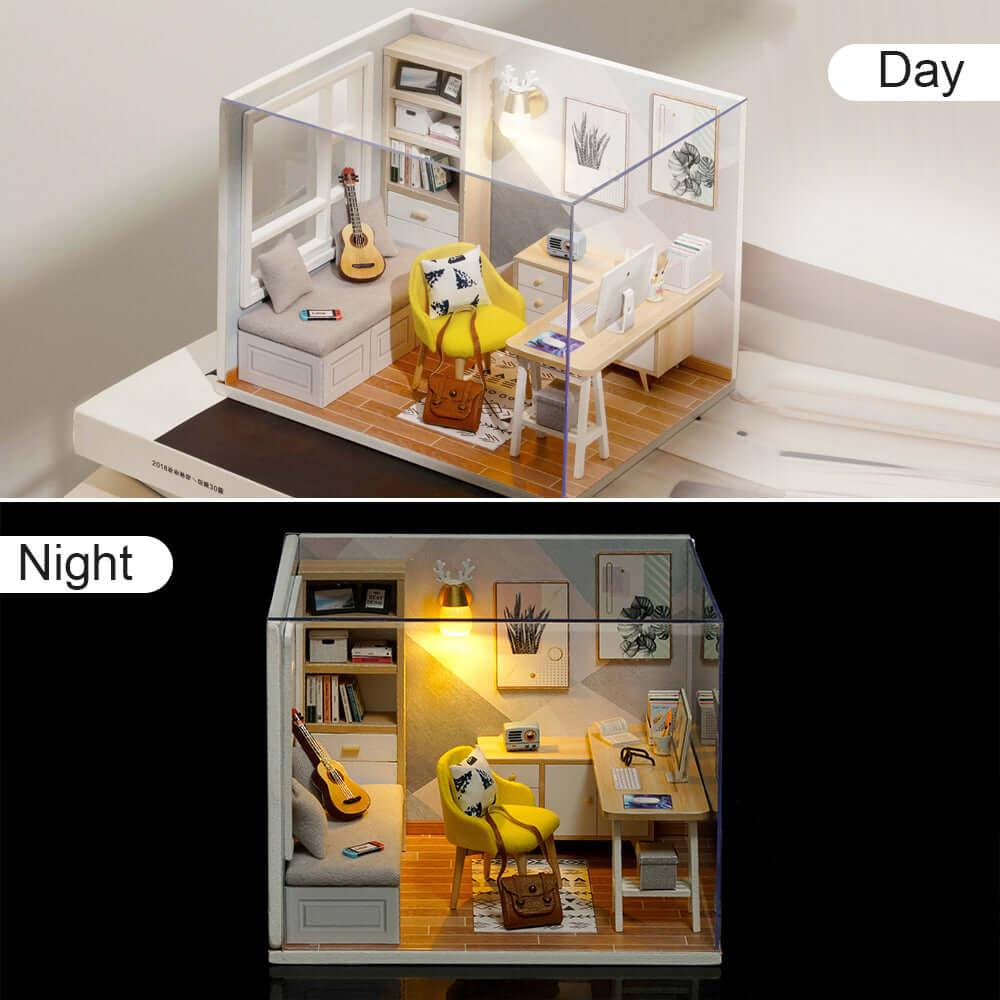Miniature dollhouse room kit shown in day and warm LED night light, a bright 1:24 study for desk and shelf display