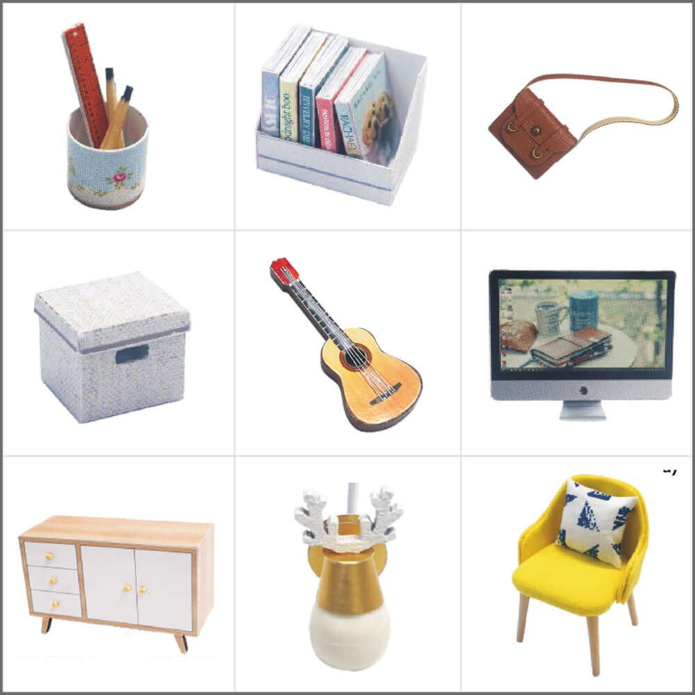 Miniature furniture and decor pieces included in a sunlit modern dollhouse building kit for teens and adult hobbyists