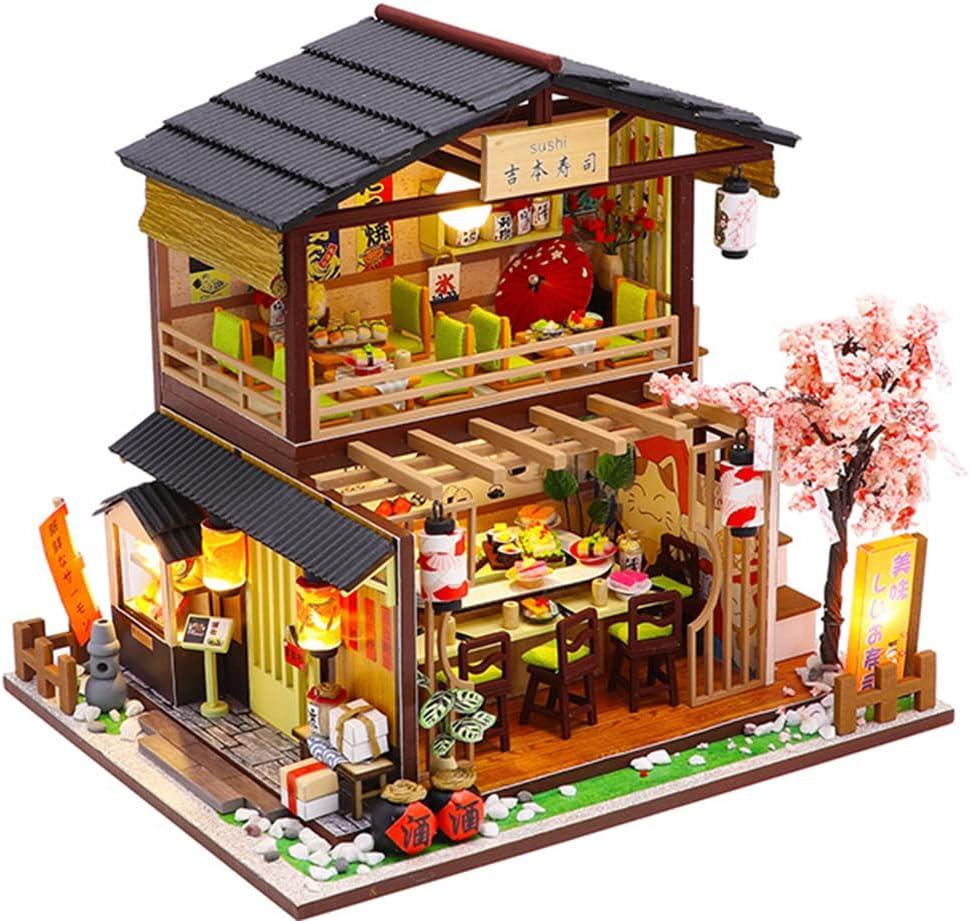 Miniature sushi restaurant dollhouse kit with warm LED lighting and a tiny Japanese sushi bar for adult crafters