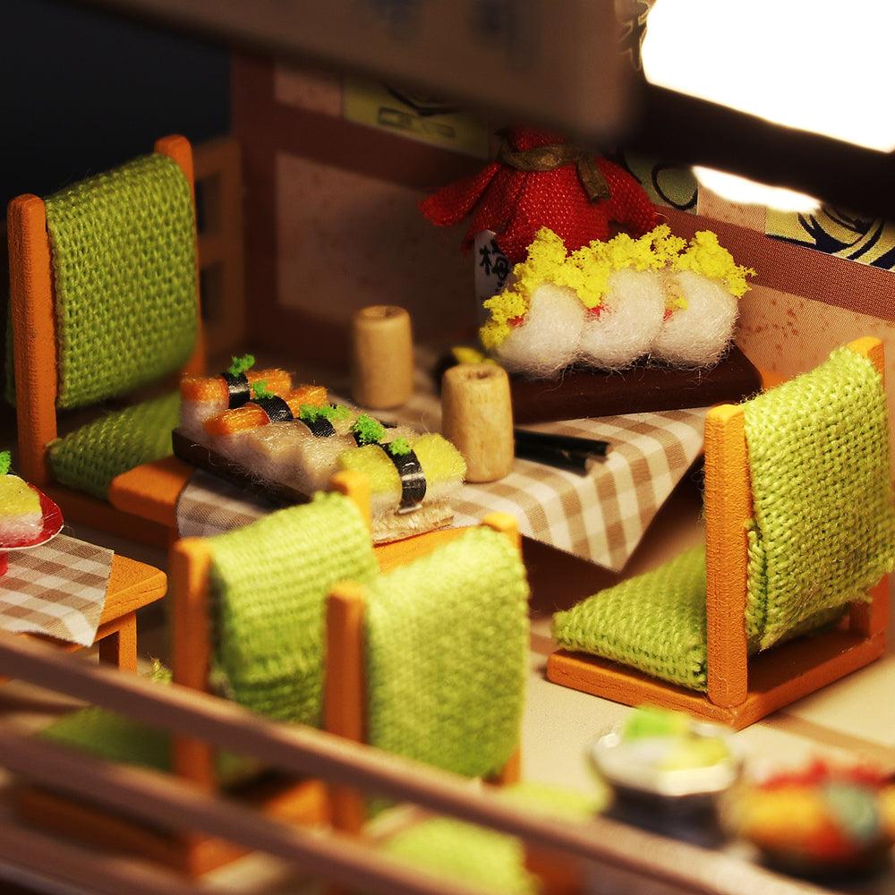 Detailed sushi restaurant miniature to display on a shelf or desk, a collectible tiny world for miniature fans