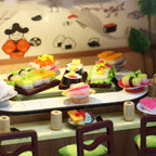 Illuminated Japanese sushi bar centerpiece with LED lights, a handmade miniature model kit for desk and shelf decor
