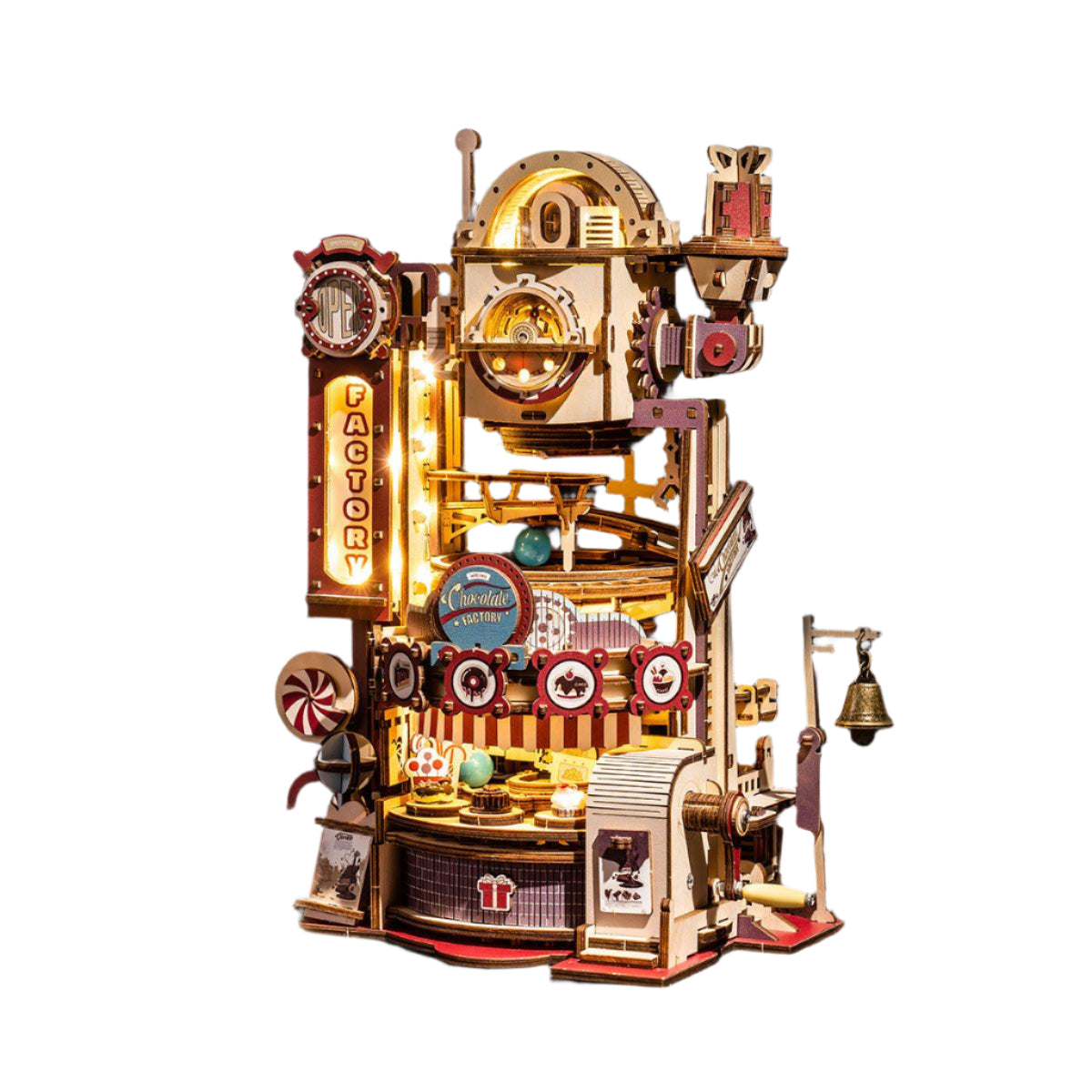 Sweet Factory marble run 3D wooden puzzle, a hand crank candy machine kit and steampunk desk display for teens and adults