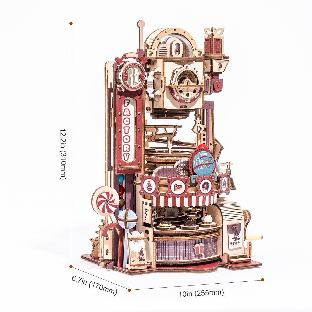 Steampunk candy factory marble run standing 310 mm tall, a 420 piece wooden model kit for a desk shelf or home office