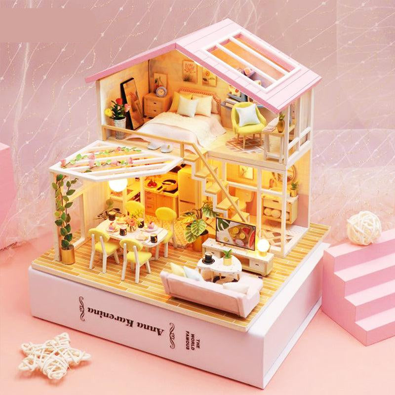 Miniature dollhouse kit on a musical box base that plays a soft melody, a wooden room box craft for hobbyists 14 up