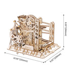 Swingback Explorer marble run shown to scale as a compact desktop kinetic model, a STEM building toy for kids ages 8 and up