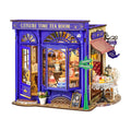 DIY miniature tea room house kit with a blue cafe storefront, a detailed dollhouse model for adult crafters and gifting