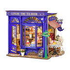 DIY miniature tea room house kit with a blue cafe storefront, a detailed dollhouse model for adult crafters and gifting