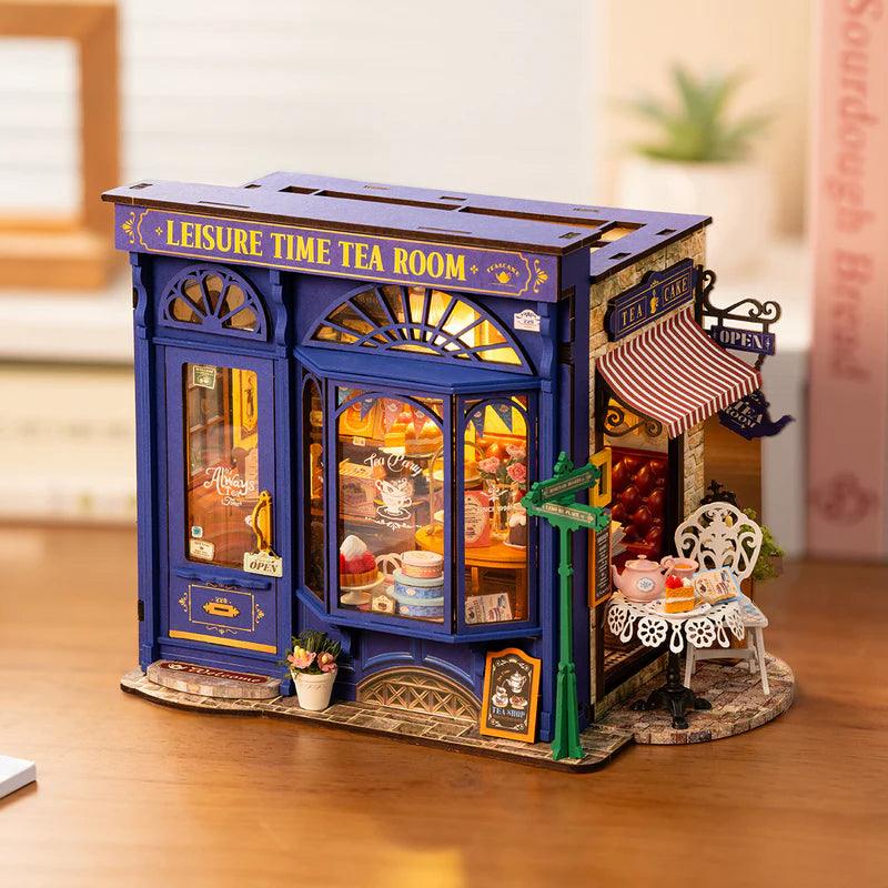 Finished miniature tea shop model as cozy desk and shelf decor, a European cafe dollhouse for tea and coffee lovers