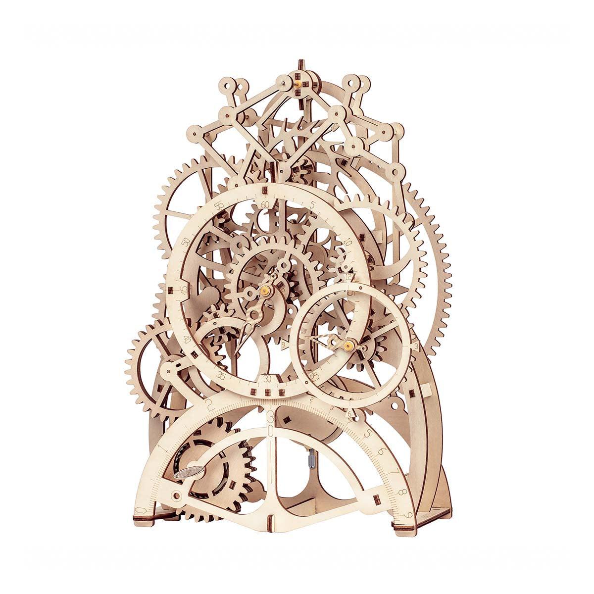Wooden pendulum clock kit that builds a real working timepiece with visible gears, a mechanical model for engineering fans
