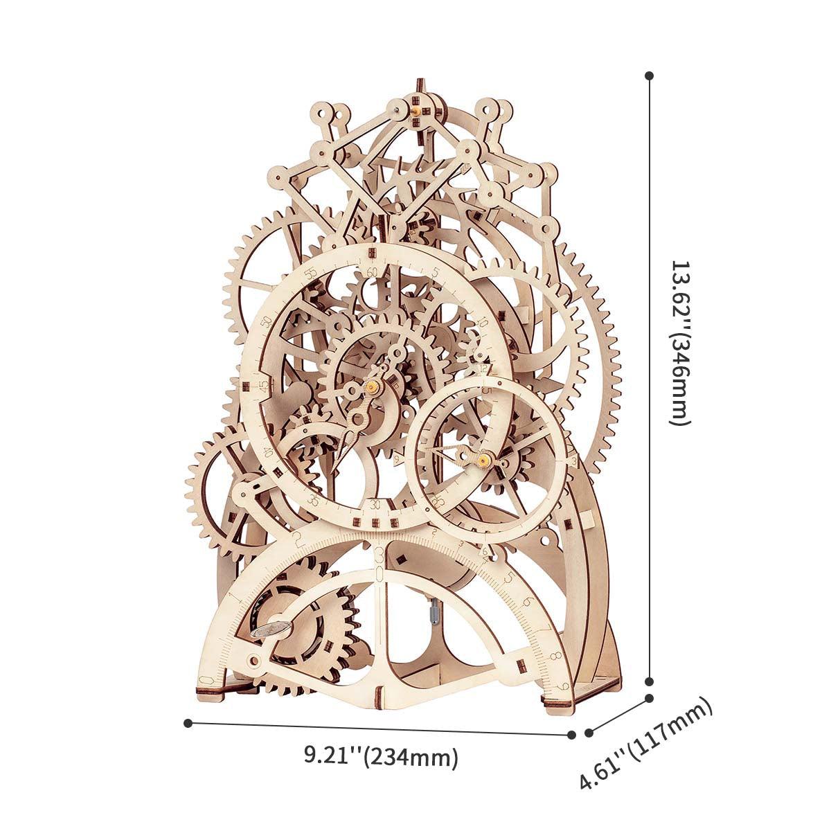 Working wooden pendulum clock model with exposed gear train, a mechanical desk timepiece and statement piece for offices