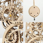 Anchor escapement and swinging pendulum drive this wooden clock kit, a hands on mechanical engineering build for adults