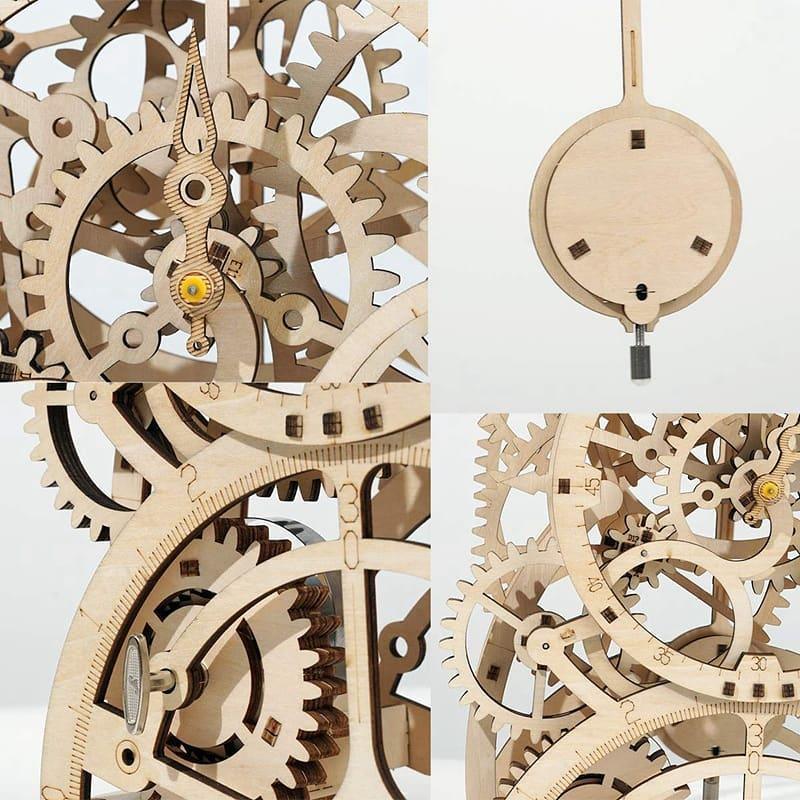 Anchor escapement and swinging pendulum drive this wooden clock kit, a hands on mechanical engineering build for adults