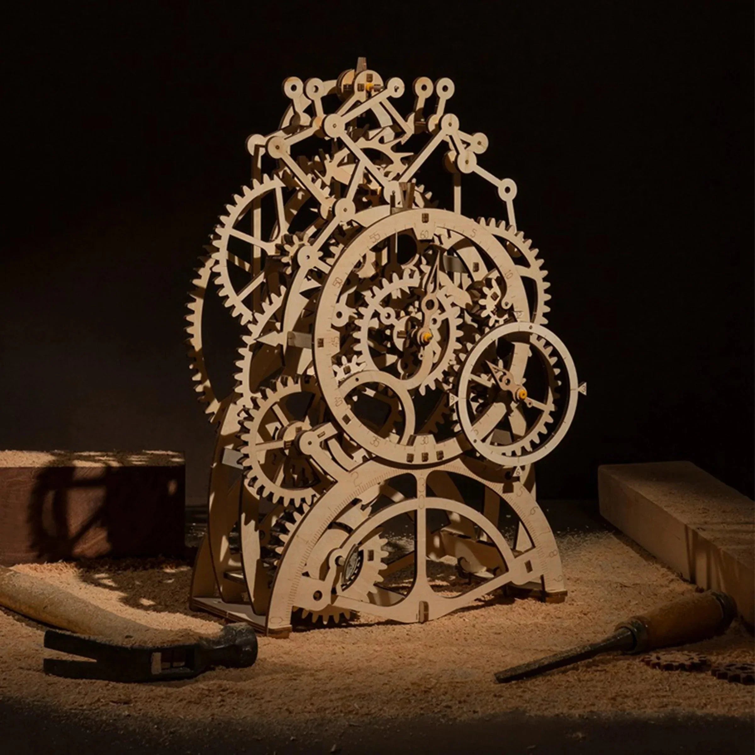 DIY wooden clock kit for woodworking hobbyists, a hand assembled mechanical gear clock and gift for makers and engineers