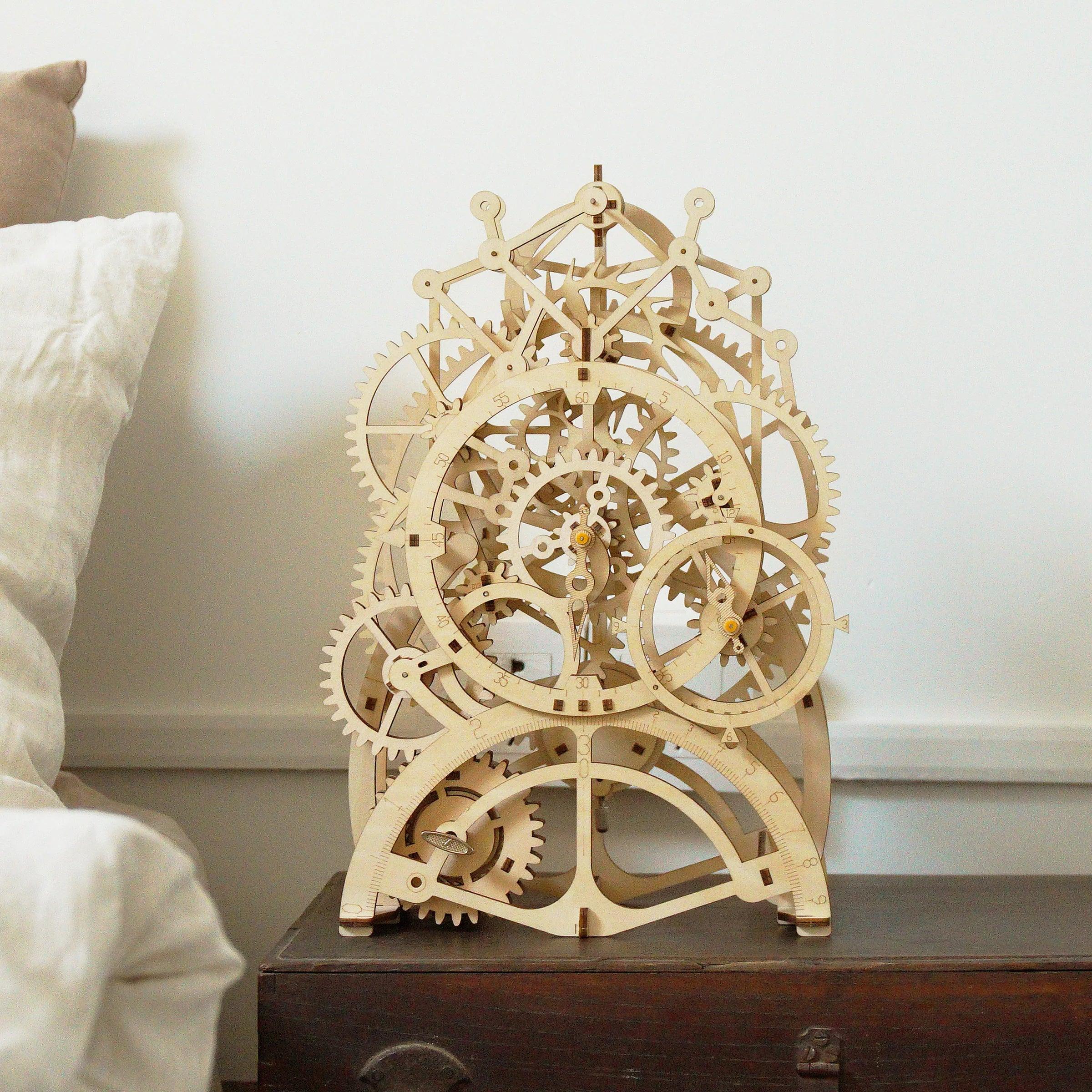 Wind up wooden pendulum clock needing no batteries, a kinetic nightstand timepiece and mechanical model for clock lovers