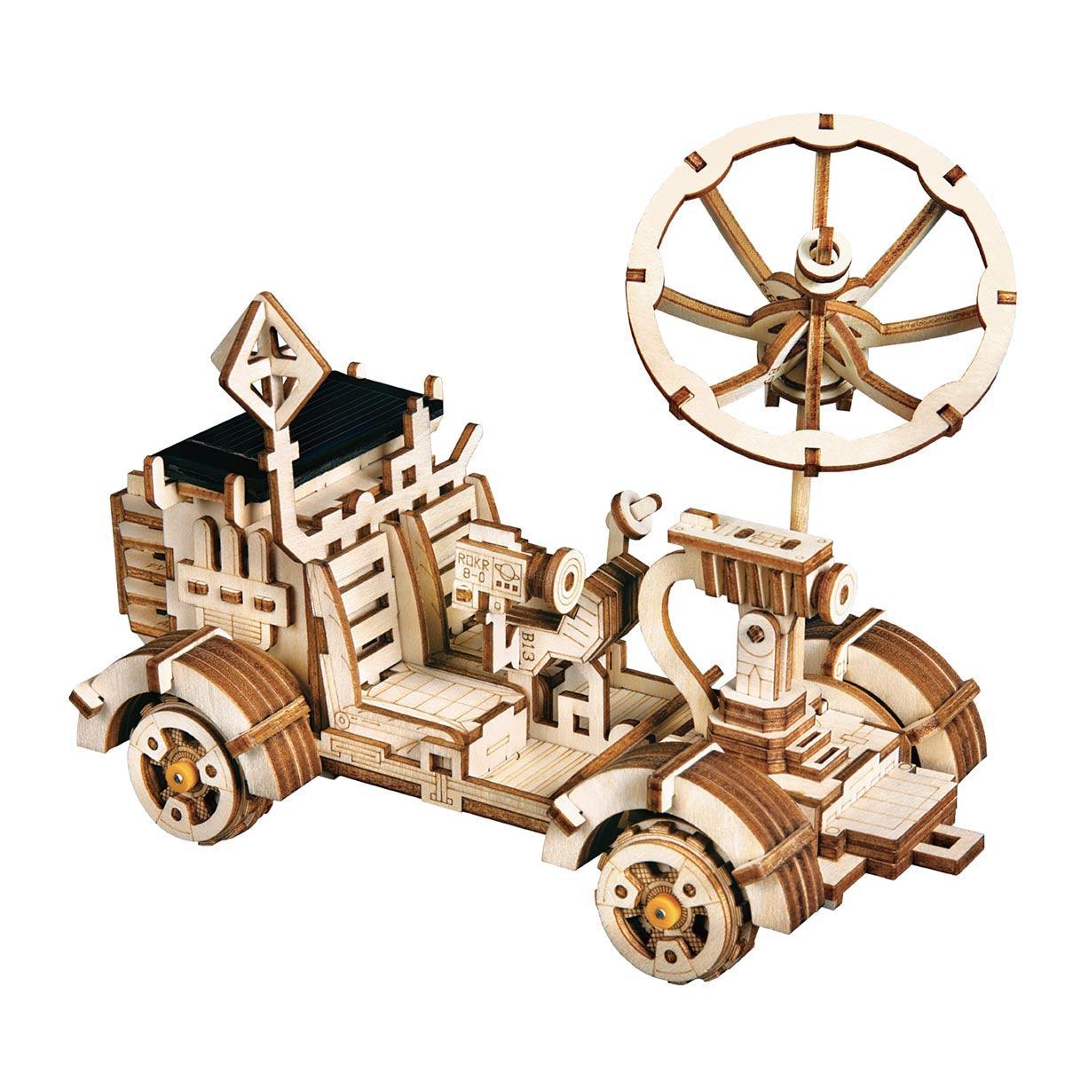 Terrain Rambler solar powered wooden rover kit with 177 laser-cut pieces, a no batteries STEM build for space fans