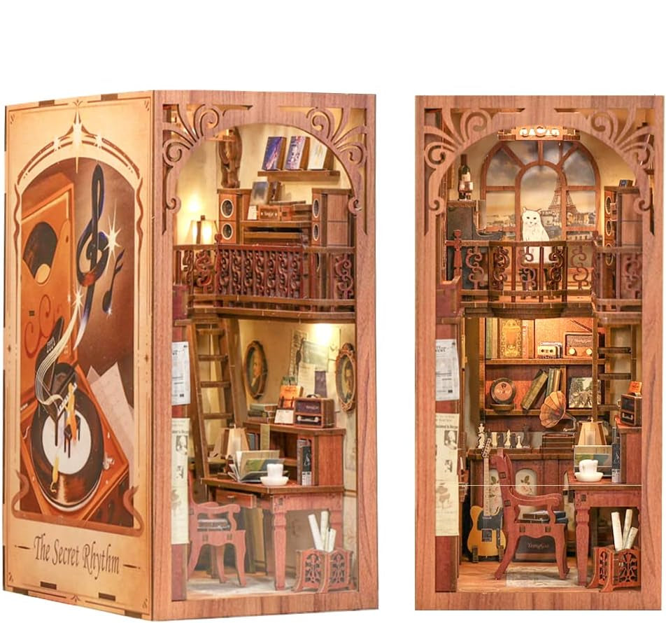 DIY book nook kit that builds a lit miniature music room with guitars and a phonograph for bookshelf decor SZ003