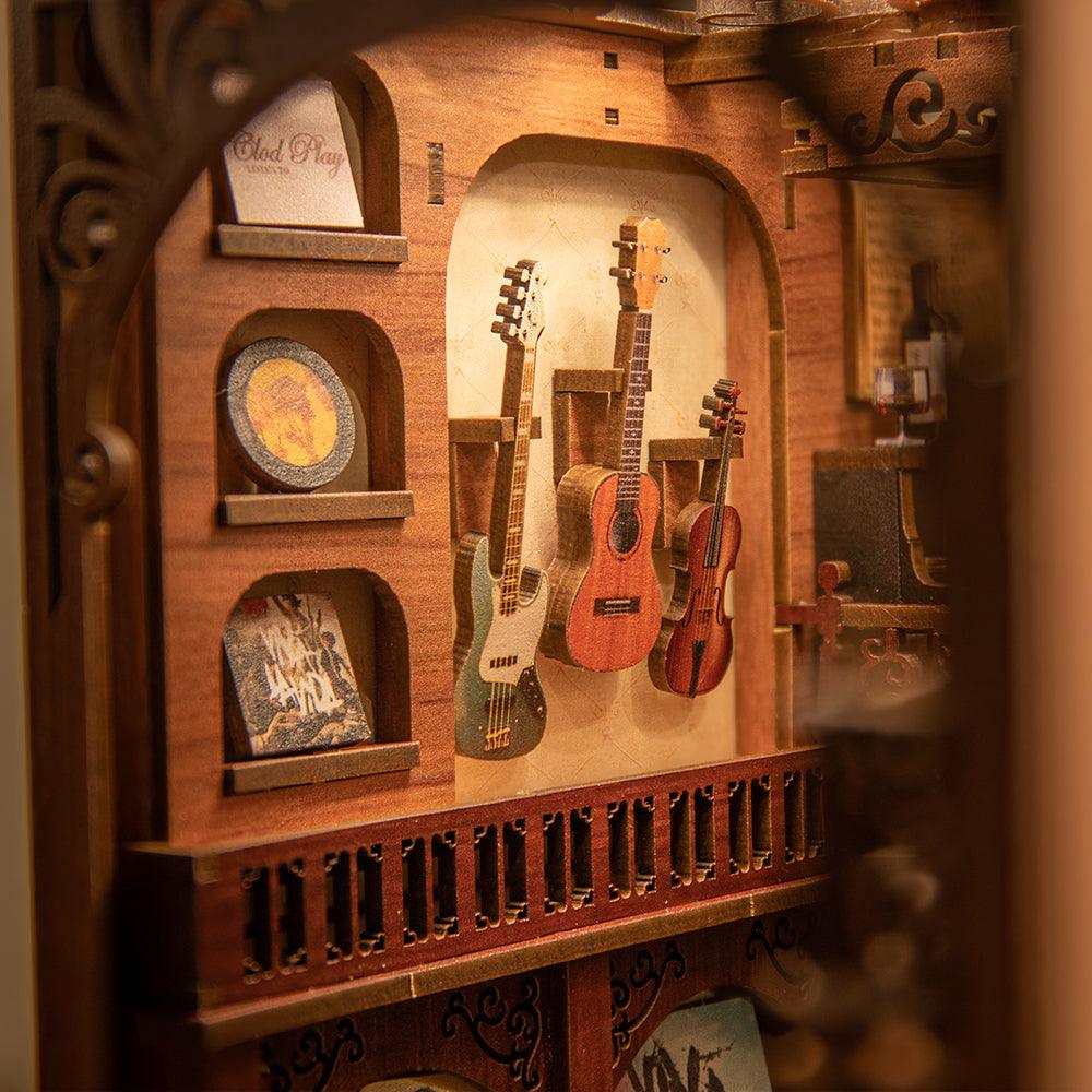 DIY music book nook with wall-mounted miniature guitars and records as a European classical shelf diorama piece SZ003