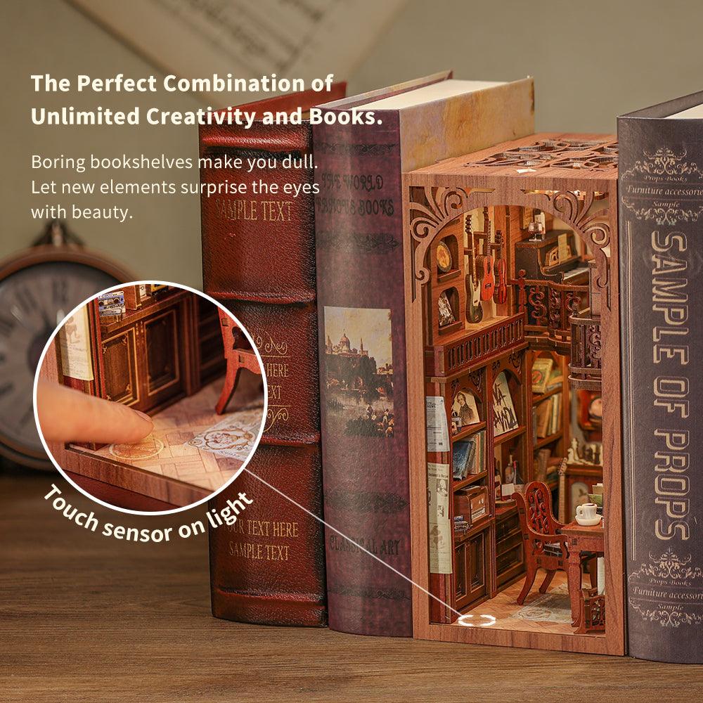 Book nook kit with a touch-sensor LED light building a European classical music room miniature for shelf display SZ003