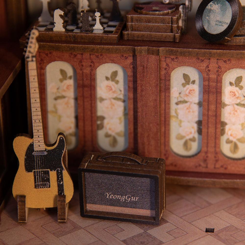 Miniature music room details with model guitars, an amp, and records for a DIY book nook shelf insert and gift SZ003