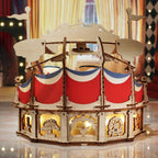 Carousel model glowing with built-in LED lights and circus curtains, a wind-up music box puzzle and decor gift
