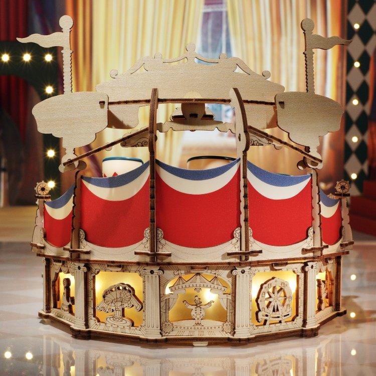 Carousel model glowing with built-in LED lights and circus curtains, a wind-up music box puzzle and decor gift