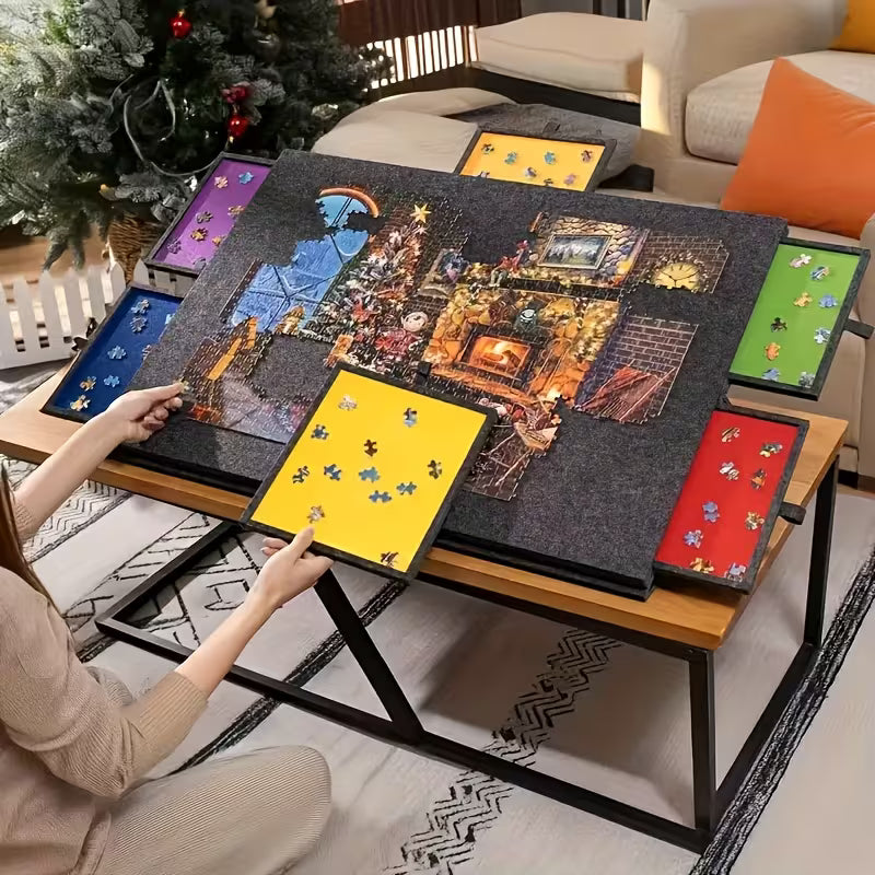 Tilting felt puzzle board with six built in drawers for sorting 1000 to 1500 piece jigsaw puzzles at home Black Grey