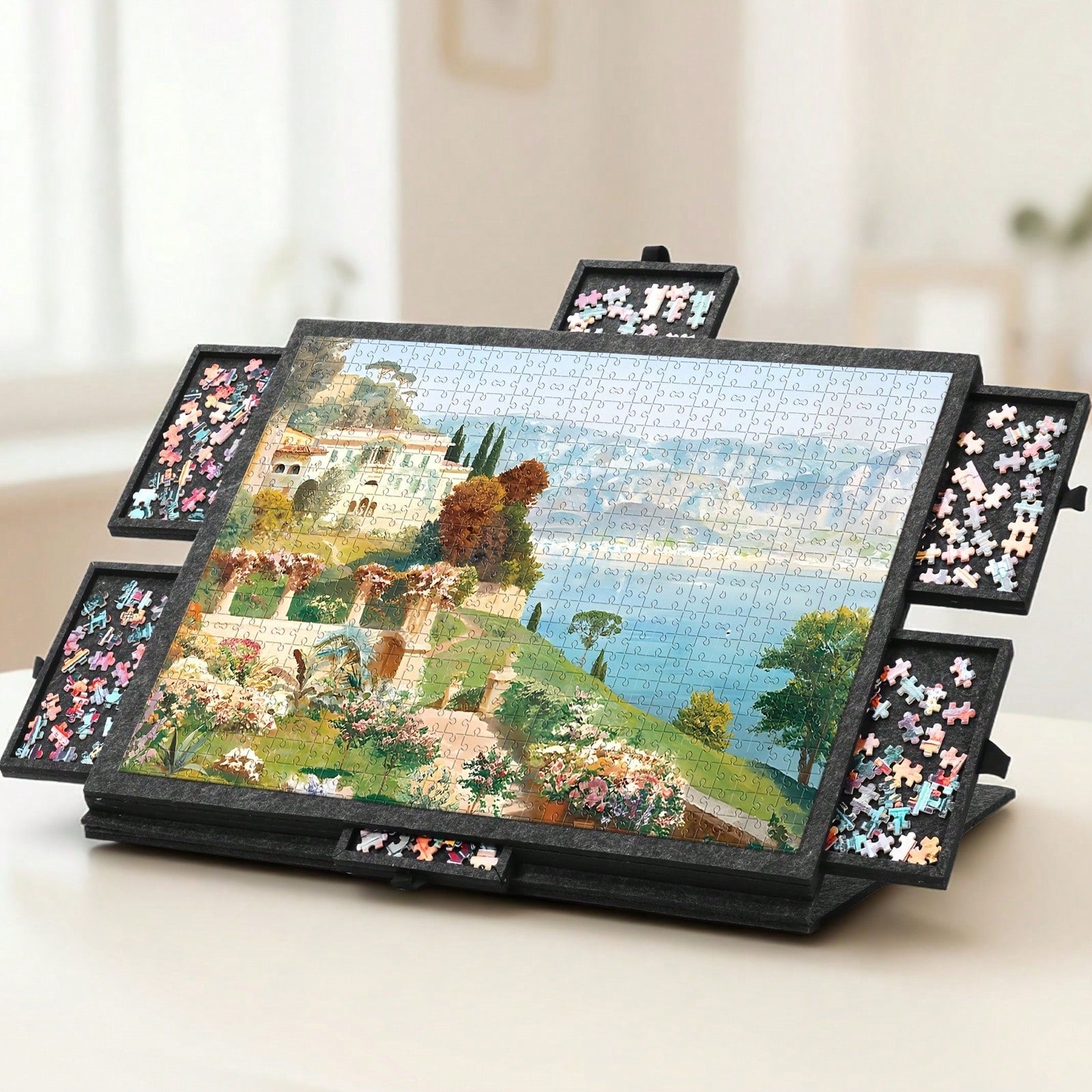 Extra large foldable puzzle board with six drawers built to store and carry 1000 to 1500 piece jigsaw puzzles Black