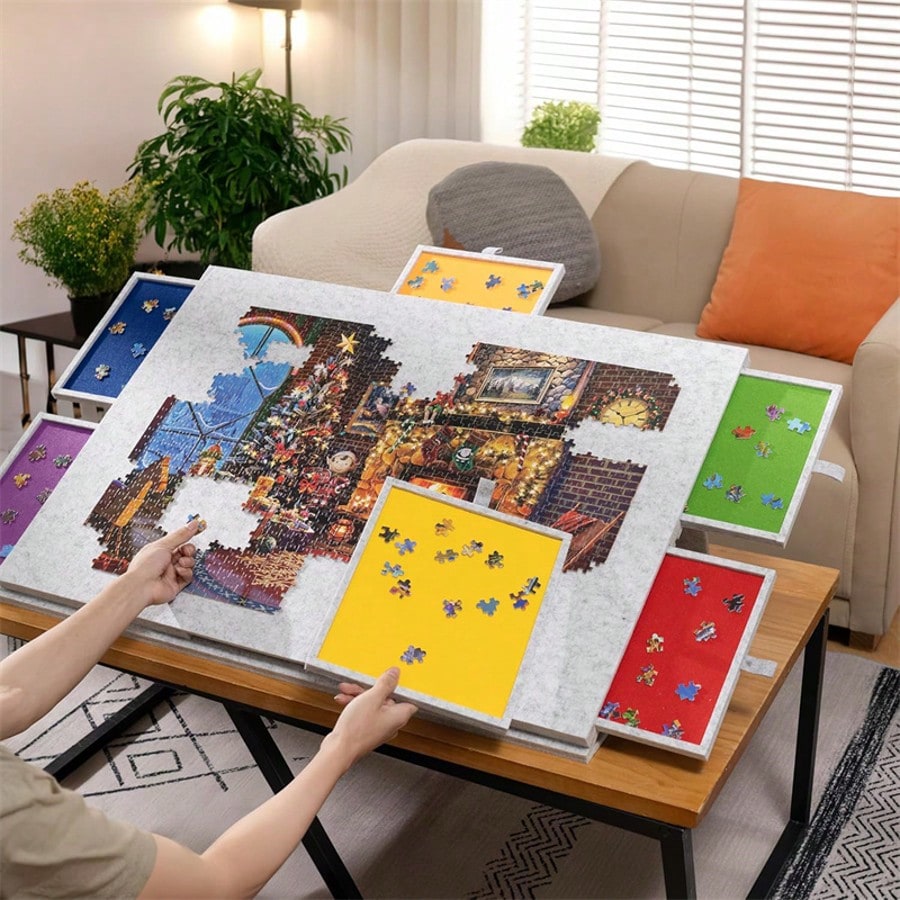 Puzzle board with storage drawers doubles as a stand so an unfinished jigsaw stays safe between sessions Grey