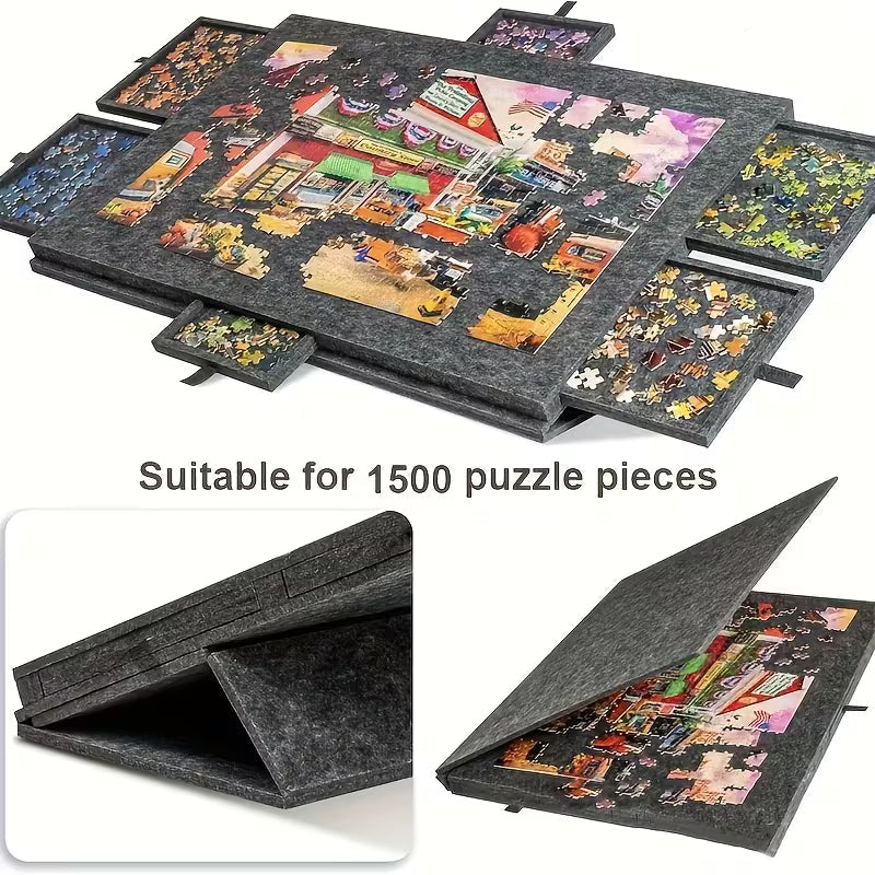 Dedicated jigsaw workspace with a felt surface and built in drawers keeps the dining table clear for meals Black