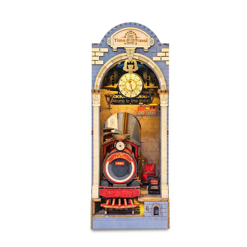 Time Travel Railway DIY book nook kit, a lit vintage station bookshelf insert built from 258 laser cut wooden pieces