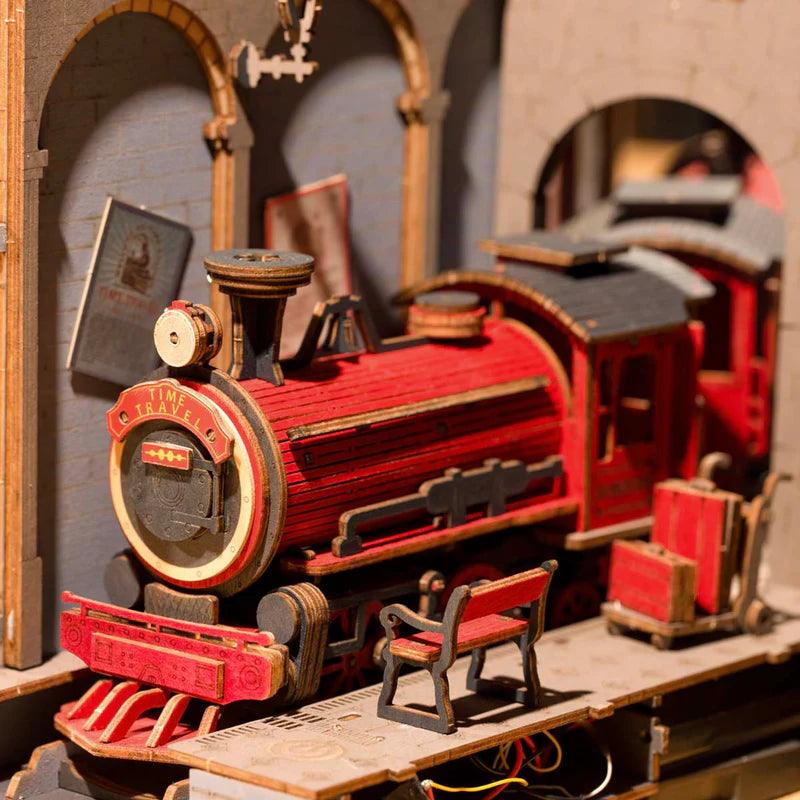 Red steam train under arched tunnels with an infinite mirror effect, a railway diorama book nook gift for train lovers