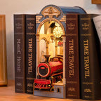 Vintage railway station book nook glowing between real books on a shelf, a lit bookshelf insert for a home library