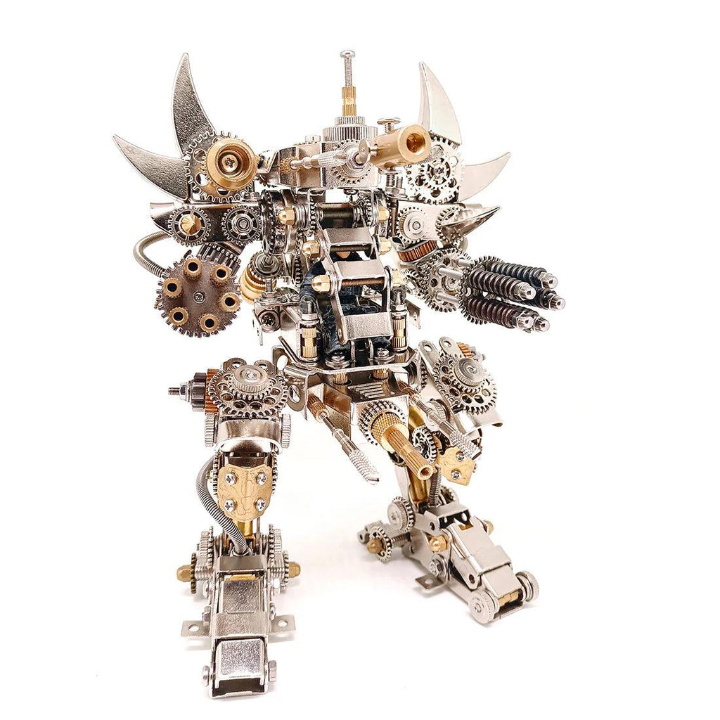 Titan Guardian mecha 3D metal puzzle assembled into a horned robot figure and desk display piece for adult builders, Without  Watch base kit.