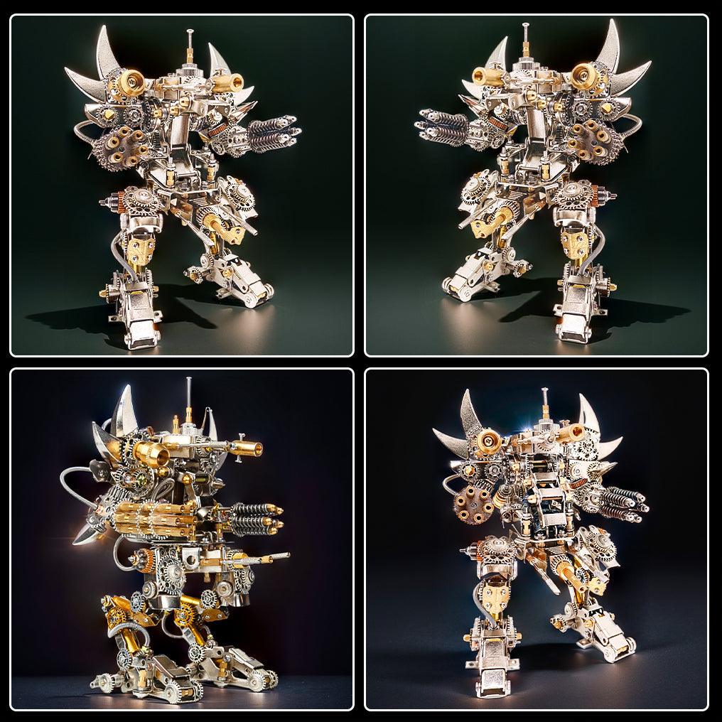 Assembled robot mecha model shown in dynamic display poses as a game room shelf centerpiece and desk sculpture, Without  Watch base kit.