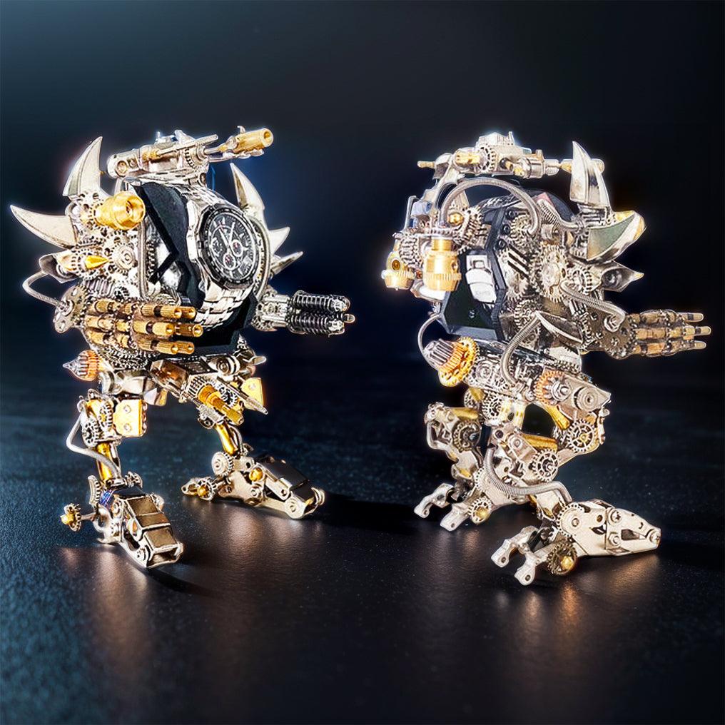 Two Titan Guardian mecha models in dynamic poses, one holding a watch as a robot watch stand for desk display, shown With Watch.