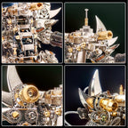 Close mechanical detail of a metal mecha cradling a wristwatch, a screw built robot watch stand for collectors, shown With Watch.