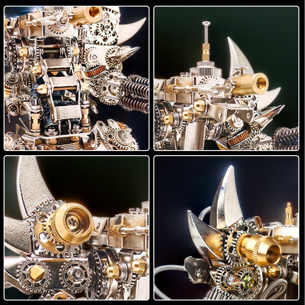 Close mechanical detail of a metal mecha cradling a wristwatch, a screw built robot watch stand for collectors, shown With Watch.