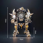 Robot watch stand model holding a wristwatch on a nightstand, a metal mecha display kit for watch collectors, shown With Watch.