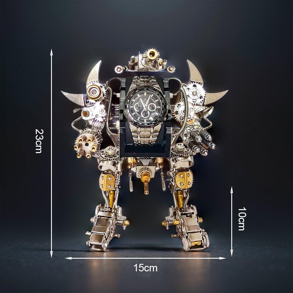 Robot watch stand model holding a wristwatch on a nightstand, a metal mecha display kit for watch collectors, shown With Watch.