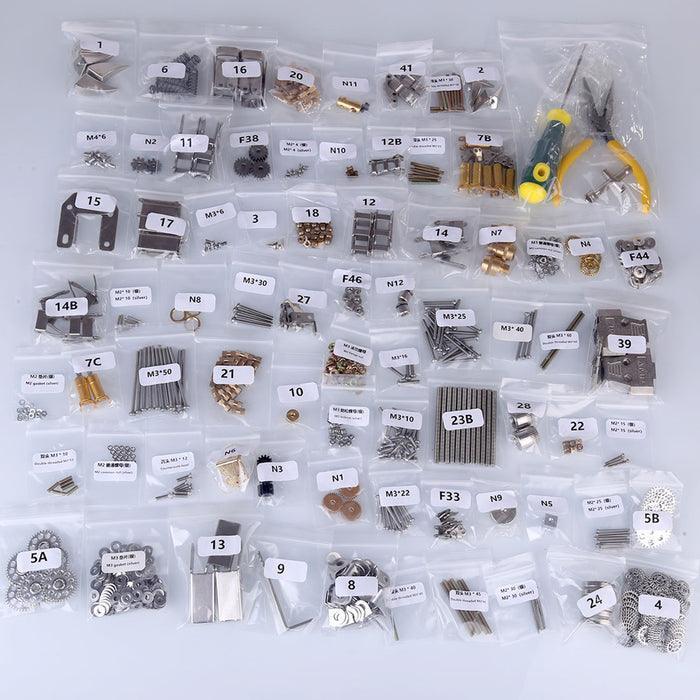 Over 100 laser cut metal parts with a screwdriver and pliers for a screw together mecha model kit for adults