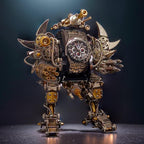 Robot watch stand that cradles a wristwatch on a desk, a 3D metal mecha model with a functional timepiece display, shown With Watch.