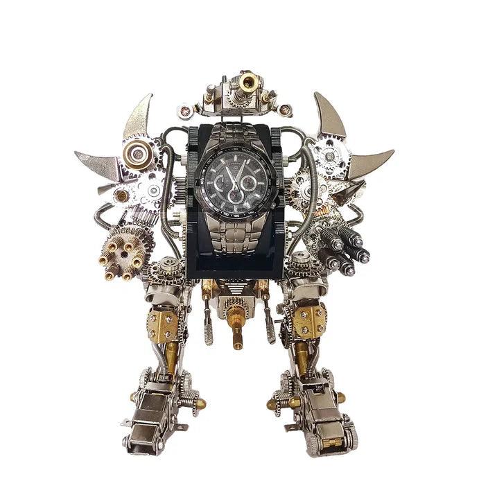 Metal mecha wristwatch holder for a dresser or nightstand, a screw together robot model kit for watch collectors, shown With Watch.