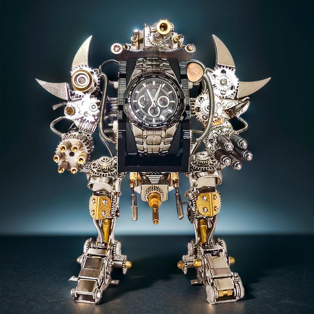 Mechanical robot watch display stand made from laser cut steel, holding a watch as industrial decor for an office, shown With Watch.