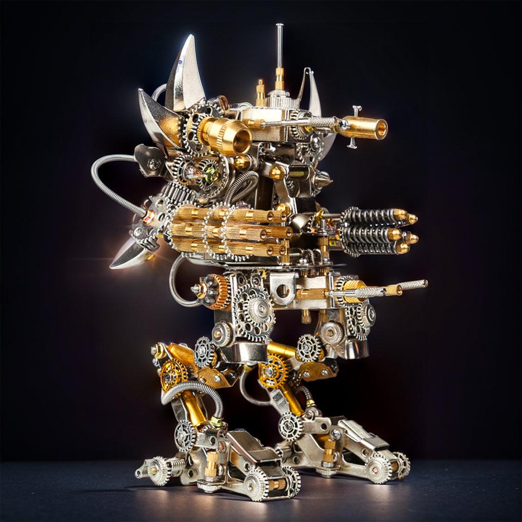 3D metal robot model with brass and copper accents and a heavy cannon arm as a mechanical desk centerpiece, Without  Watch base kit.