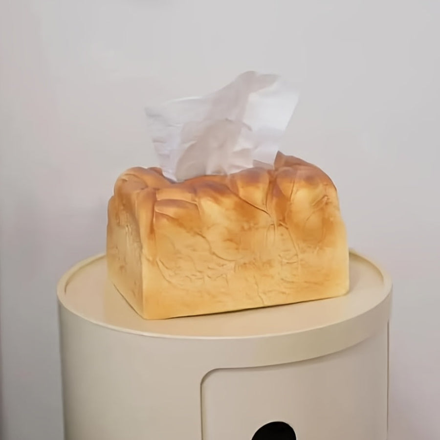 Novelty toast tissue box holder with an acrylic base that lifts open so you can swap a new tissue box in seconds