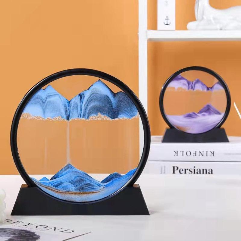 Kinetic sand art frame that drifts into layered dunes and mountains, a mindfulness focus aid and quiet desk companion piece 93898902966813 93898903099581