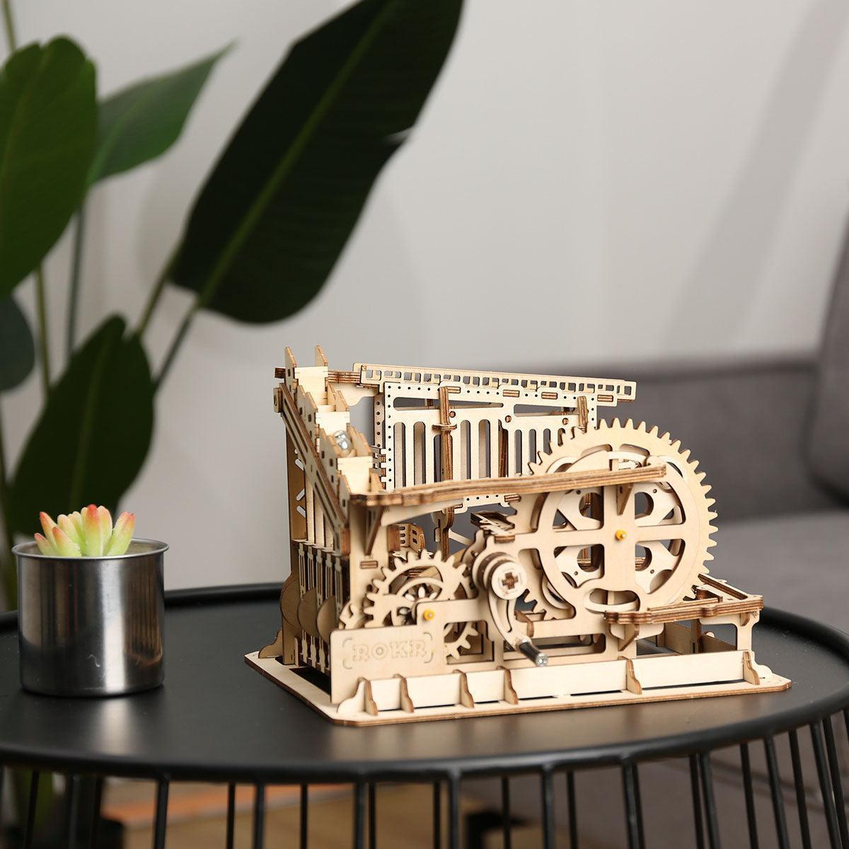 Wooden marble run displayed as living room decor, a hands-on 3D wooden puzzle and screen-free STEM gift for older kids