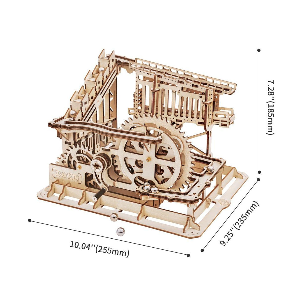 Trapdoor Tactician marble run shown to scale as a compact desktop kinetic model, a STEM building toy for kids ages 8 and up