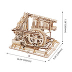 Trapdoor Tactician marble run shown to scale as a compact desktop kinetic model, a STEM building toy for kids ages 8 and up