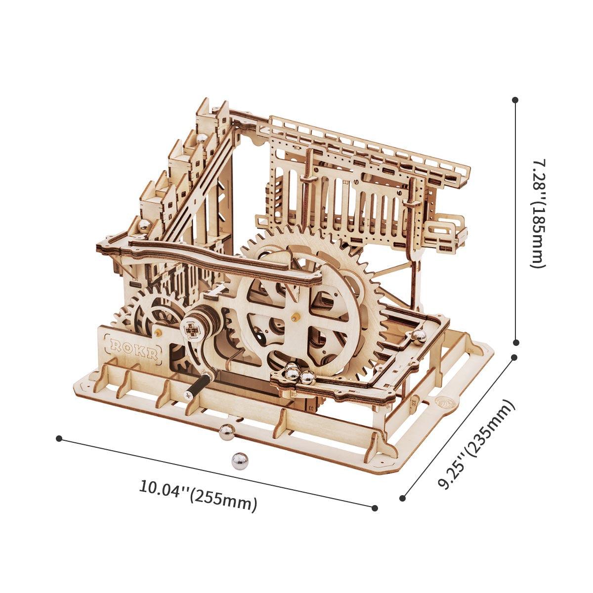 Trapdoor Tactician marble run shown to scale as a compact desktop kinetic model, a STEM building toy for kids ages 8 and up